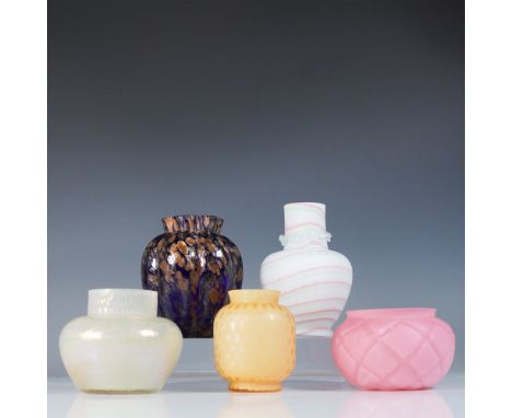 A striking collection of five art glass vases, each showcasing unique textures, colors, and craftsmanship. This exquisite sel