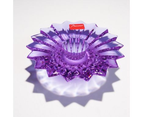 Elegant Baccarat Candlestick Baby crystal holder in a stunning amethyst hue. This beautifully crafted piece features a striki