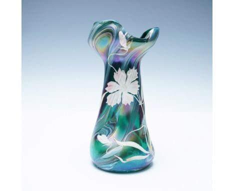 A captivating hand-blown art glass vase with a fluid, organic form reminiscent of the Art Nouveau era. This piece features a 