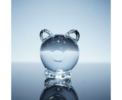 Adorable clear crystal pig figurine by Baccarat, featuring a round body with small pointed ears and a stylized snout. This co