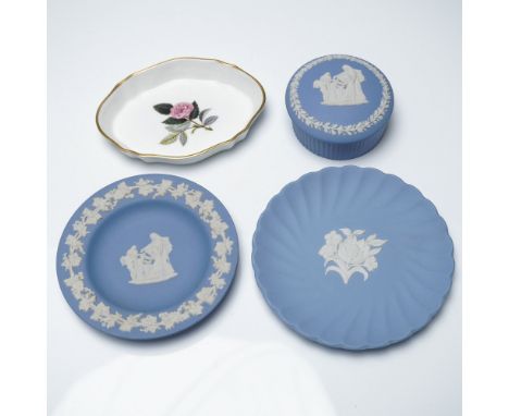 A collection of four Wedgwood decorative pieces, featuring three classic Jasperware items and one bone china dish. The Jasper
