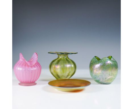 A stunning collection of four iridescent art glass pieces, showcasing masterful craftsmanship and vibrant luster. This lot in