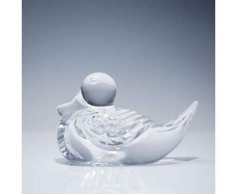 Waterford Crystal clear cut paperweight in the form of a duck. Features a stylized design with sculpted plumage and rounded b