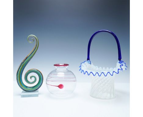An exquisite trio of art glass pieces showcasing a blend of craftsmanship and vibrant design. This set includes a sculptural 