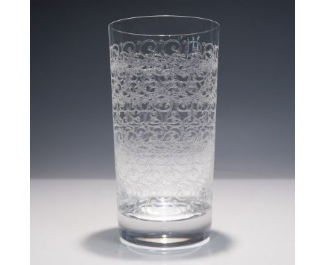 A clear crystal highball glass in the Rohan pattern, featuring densely etched scrollwork across the entire bowl. The cylindri