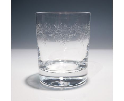 Elegant Baccarat Sevigne engraved crystal tumbler, featuring an intricate scrolling and floral pattern encircling the upper p
