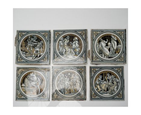 Exquisite set of six Minton ceramic tiles from the renowned China Works in Stoke-on-Trent, featuring detailed transfer-printe