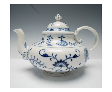 Elegant Meissen Blue Onion pattern teapot featuring delicate cobalt blue floral and foliate motifs on a white china body. Thi