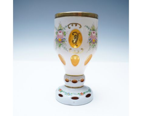Magnificent Bohemian cut-to-amber glass vase, richly adorned with hand-painted floral motifs and intricate gilded accents. Th
