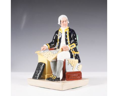 A finely crafted Royal Doulton figurine depicting Captain James Cook, the renowned British explorer, seated with a navigation