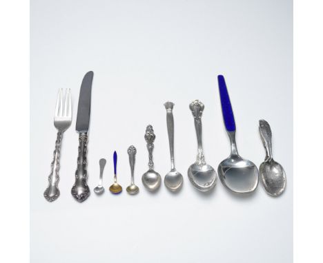 A 10-piece sterling silver tableware collection featuring a variety of designs and manufacturers. This set includes two Norwa
