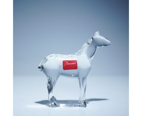 Baccarat crystal horse figurine designed by renowned artist Loet Vanderveen, featuring a sleek modern form in clear crystal. 