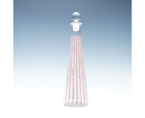 This elegant vintage glass decanter features a tapered conical shape adorned with vertical pink and white stripes, exuding mi