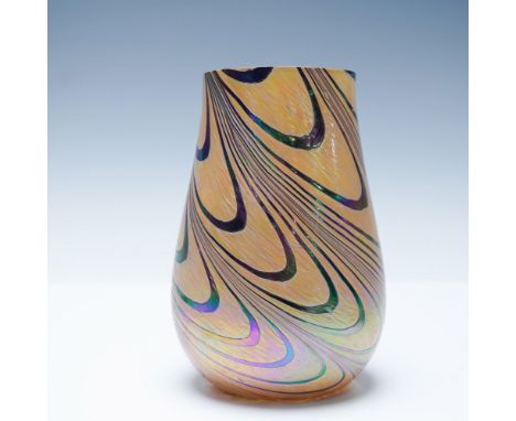 Captivating art glass vase with a mesmerizing pulled feather design in lustrous shades of gold, purple, and black. The irides