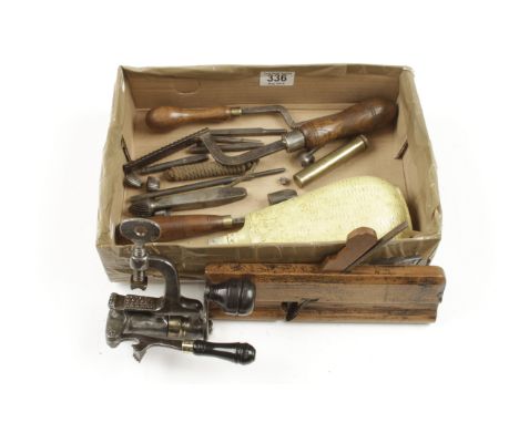 Gunsmiths tools comprising : a gun stockers plane, 2 barrel floats, dog-leg chisel, bullet mould reamer, black powder caniste