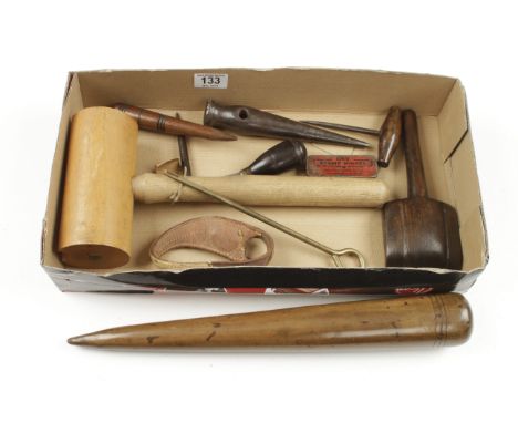 A collection of 11 sailmakers tools inc 16" boxwood fid,lignum sapwood serving mallet, seam rubber, palm etc G+ 