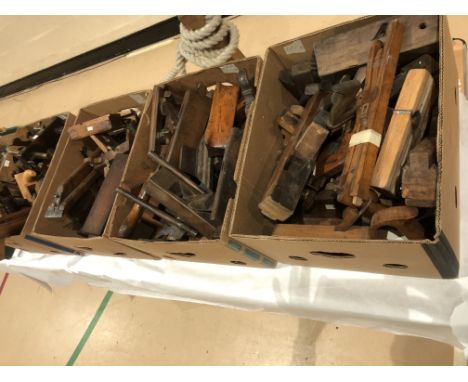 4 boxes of wood planes and tools 