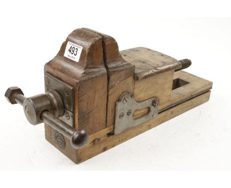 An early French wood vice with makers plate LEMAINQUE FORGE ROYALE PARIS also stamped twice J. TIRANTI, 10 Foyle St G