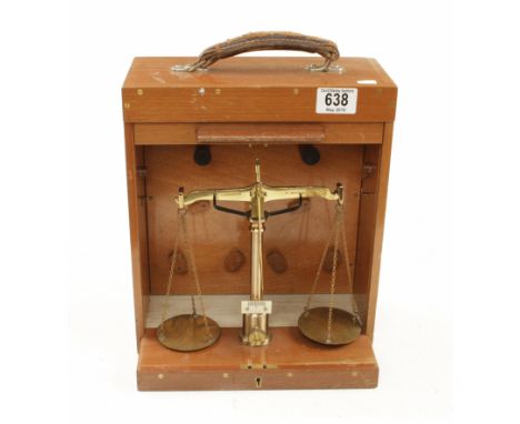 A set of Gloucestershire County Council scales by AVERY DE GRAVE to weigh 2 oz in fitted wood box 10"x 5"x 12" with roll top 