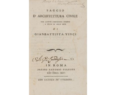 Vinci (Gianbattista) Saggio d'Architettura Civile..., lacking initial blank/half-title but with final blank, contemporary ink