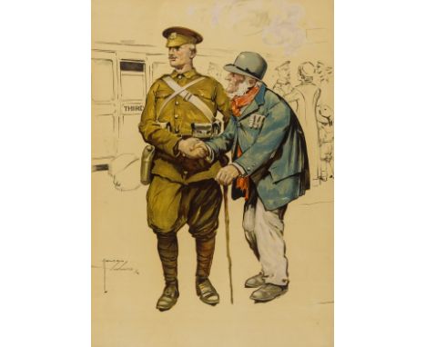 First &amp; Second World War Posters.- Wood (Lawson) First World War Poster depicting an old army veteran shaking hands with 