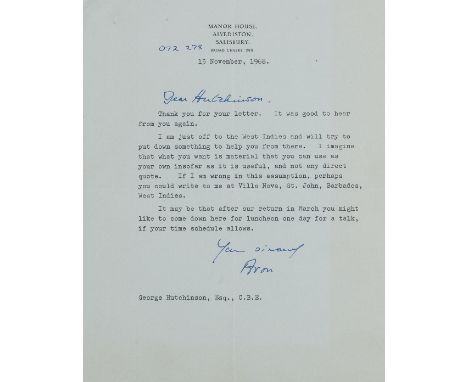 NO RESERVE Eden (Anthony, first Earl of Avon, Prime Minister, 1897-1977) 2 Typed Letter signed to George Hutchinson about his