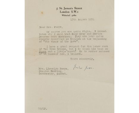 Greene (Graham, author, 1904-91)&nbsp;Typed Letter signed to Mrs Llewelyn Powys, 1p., 8vo, London, 13th August 1951, on Henry