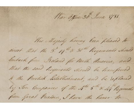 British Soldiers sent to North America.- Jenkinson (Charles, first Earl of Liverpool, politician, 1729-1808) Letter signed "C