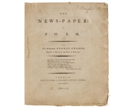 NO RESERVE Popular press.- Crabbe (George) The News-Paper: A Poem, first edition, advertisement f. at end, stitched, as issue