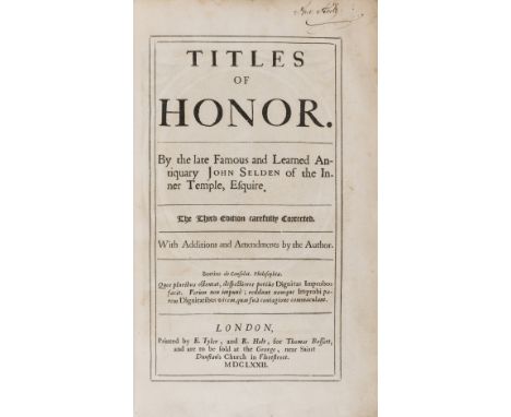 Selden (John) Titles of Honor, third edition, engraved portrait frontispiece, illustrations, previous owner's ink signature t