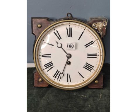 A wall timepiece mounted onto a mahogany back plate with ebonised edges, bevelled glass over the white enamel dial with black