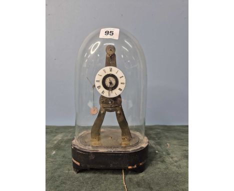 A French skeleton clock under a glass dome, the enamel chapter ring inscribed Pierrot a Paris and repeated on the back plate.