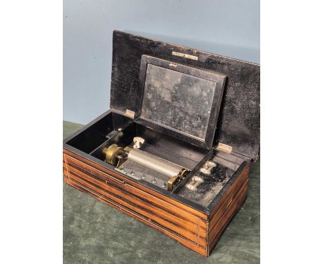 A Swiss music box playing six airs on a 14.5cms comb, the rose wood lid marquetried with flowers.   W 46cms.