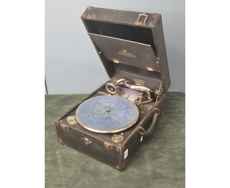A Decca 'Salon' wind up gramophone in a black leatherette case