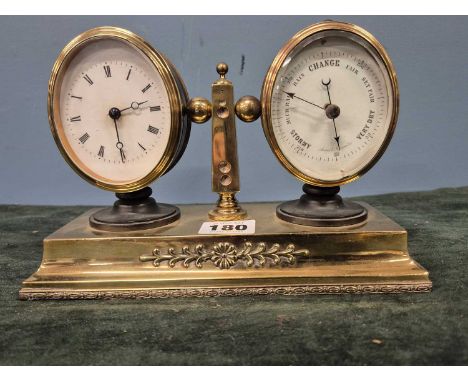 A combined platform escapement timepiece and aneroid barometer, each cased in bronze with brass bezels over the oval enamel d