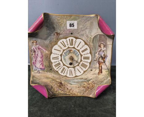 An easel backed timepiece with a square ceramic face painted with a lady and a cavalier either side of the gilt chapter ring,