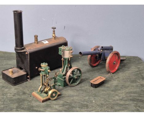 Stuart and other live steam accessories, two burners, copper tubing, a static steam engine together with a Codeg iron cannon