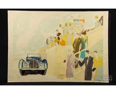 Daniel Lebier (b1941) - Vintage motor car with spectators in stands at a race track, coloured print, signed in pencil, number