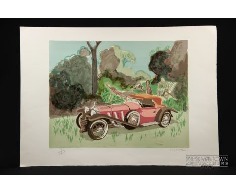 Daniel Lebier (b.1941) - vintage motor car with picnicing group behind, coloured print, signed in pencil, numbered 98/175, un