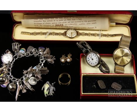 A 22ct gold band rings; a ladies 9ct gold wrist watch by Majex; a pair of cultured pearl and 9ct gold earstuds; a silver char