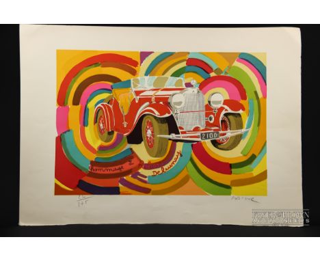 Daniel Lebier (b1941) - Hommage a Delaunay, vintage Mercedes motor car on a brightly coloured colour wheel background, colour