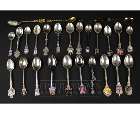 A silver collectors spoon; other white metal souvenir spoons, 800 and 935 marks, some enamel decorated; and quantity of simil