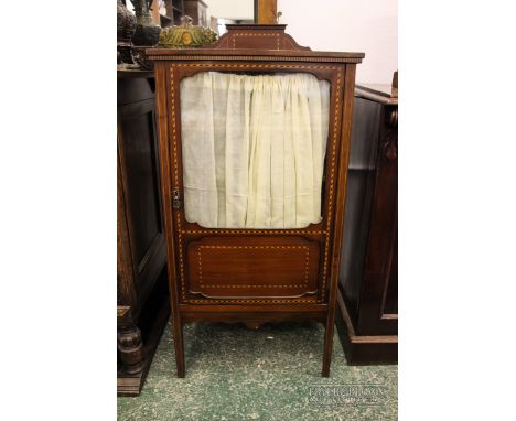 Edwardian music cabinet, glass panelled door with curtains, ebony and boxwood detailing, opening on to five shelves