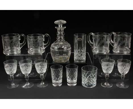 Nine cut crystal glasses; four etched glass half-pint mugs; and a small cut crystal decanter (14)
