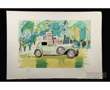 Daniel Lebier (b1941) - Hommage a motor, Raoul Dufy, vintage motor car before a chateau in a wooded landscape, coloured print