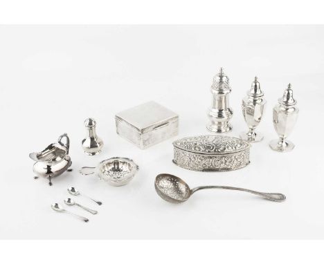 A collection of silver, comprising a late Victorian navette shaped trinket box, repoussé decorated with flowers and scrolls, 