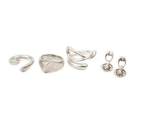 A silver 'Devoted Hearts' ring by Regitze Overgaard for Georg Jensen, no 262, two further silver rings, one with maker's mark