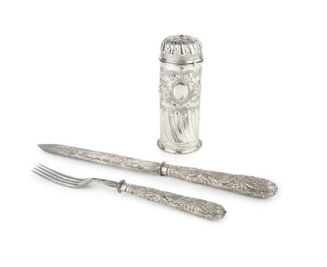 A late Victorian silver sugar caster, of cylindrical form with bayonet cover and florally embossed and engraved decoration, b