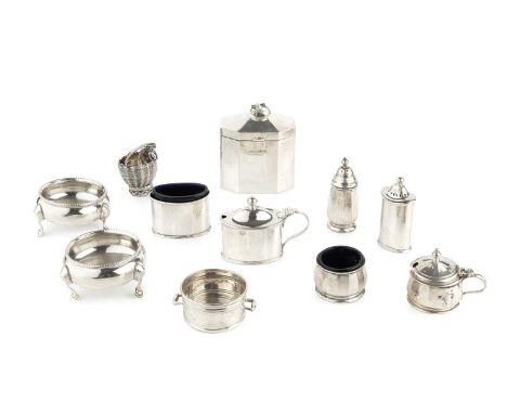 A late Victorian silver small tea caddy, faceted octagonal form by Sibray, Hall &amp; Co, London 1895, 9cm high, and a collec