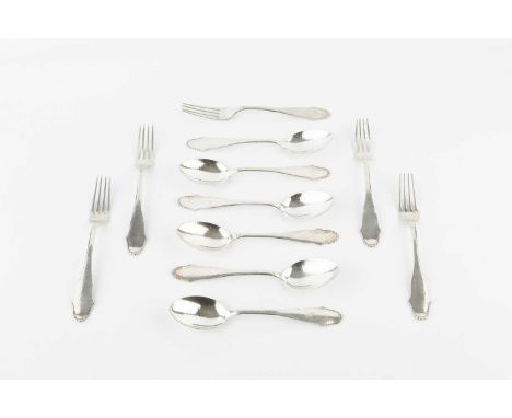A set of six Danish silver dessert forks and dessert spoons, with shaped and beaded terminals, 13.5oz, together with a quanti